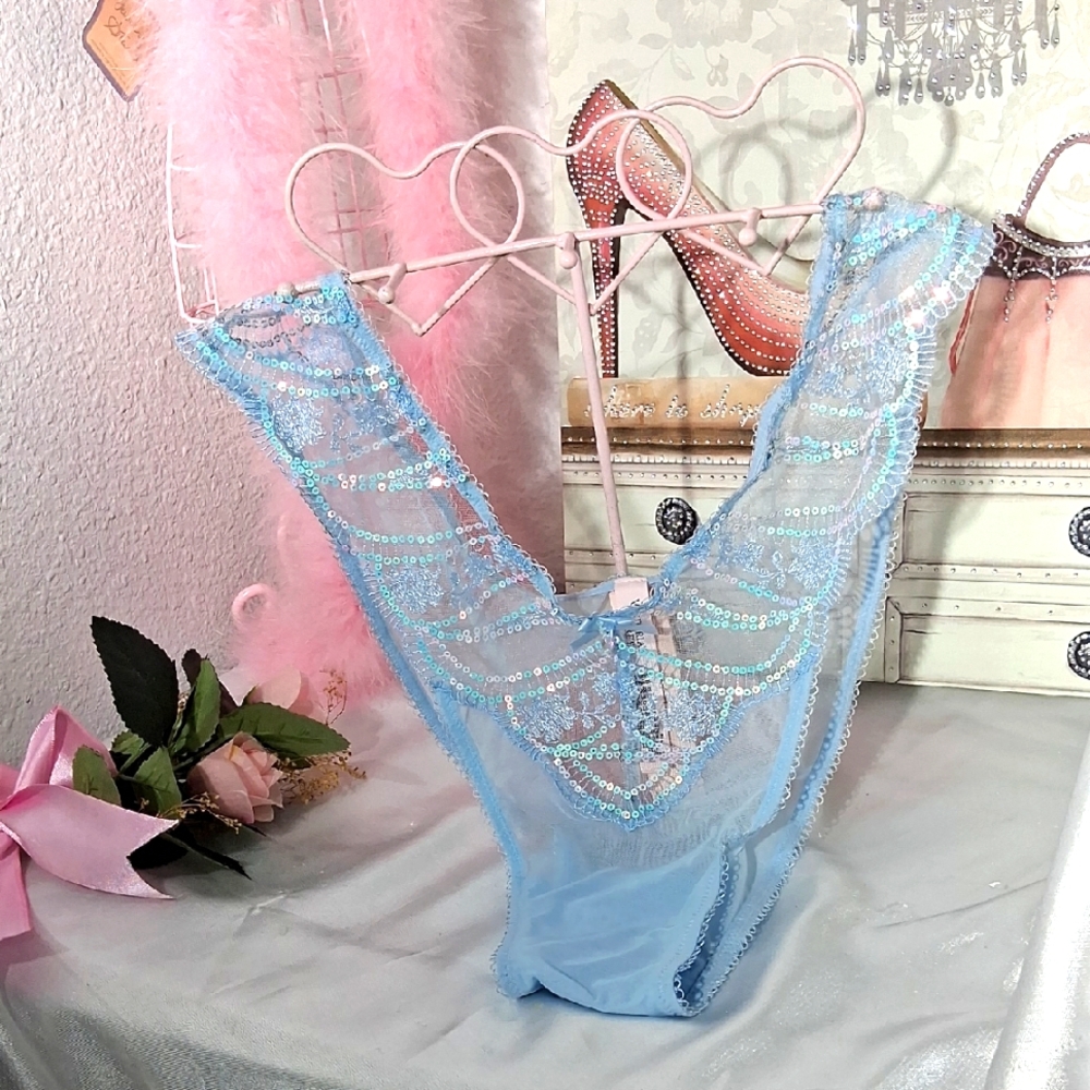 VICTORIA'S SECRET Blue Mesh  Squin Brazilian Slip NWT 2052